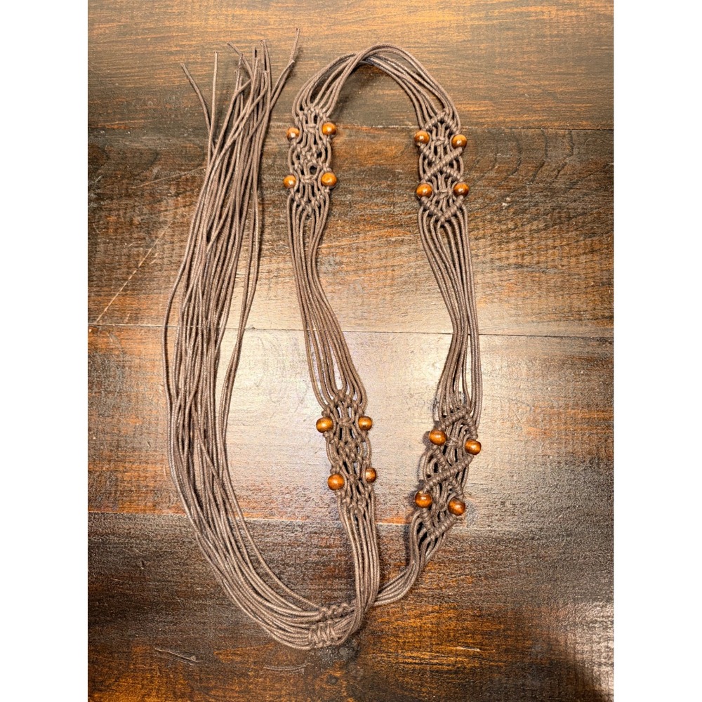 Boho Macrame Belt Brown Woven Cord Wood Beads Adjustable Tie String Tie Back - Picture 1 of 4